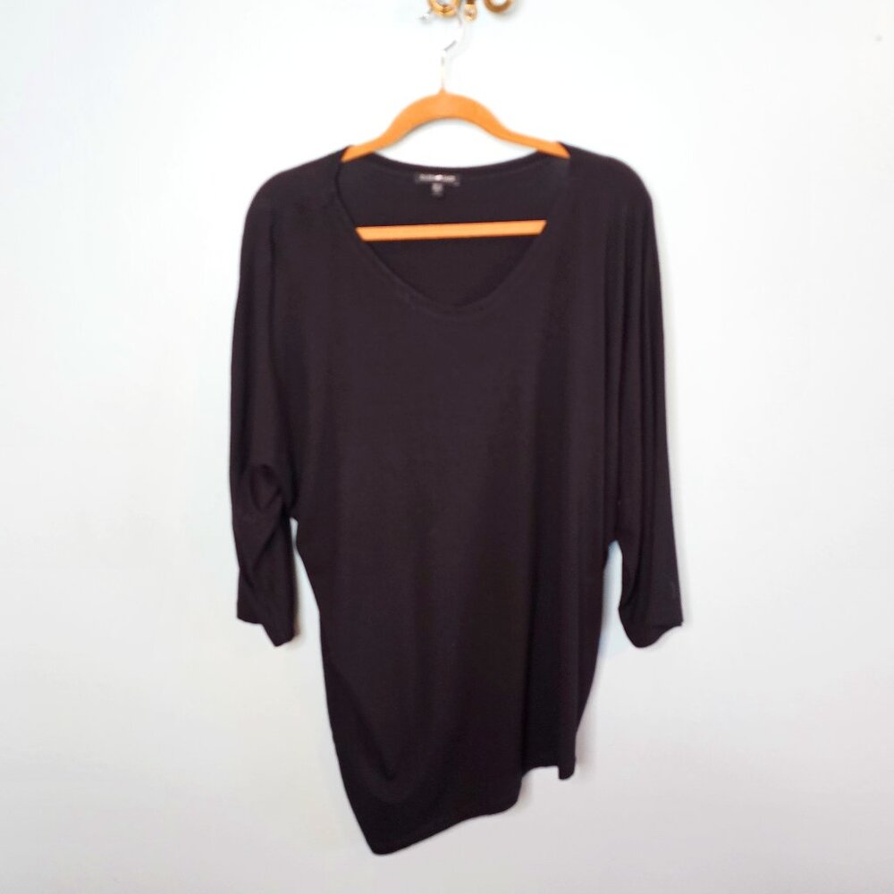 Eileen Fisher Asymmetrical Hem V-Neck Top, Black , Large